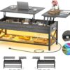 Aheaplus Lift Top Coffee Center Table with LED Light and Power Outlet, Modern Table with Storage Shelf for Living Room, Lift Tabletop, X Support, Metal Frame, Black Oak - Image 8