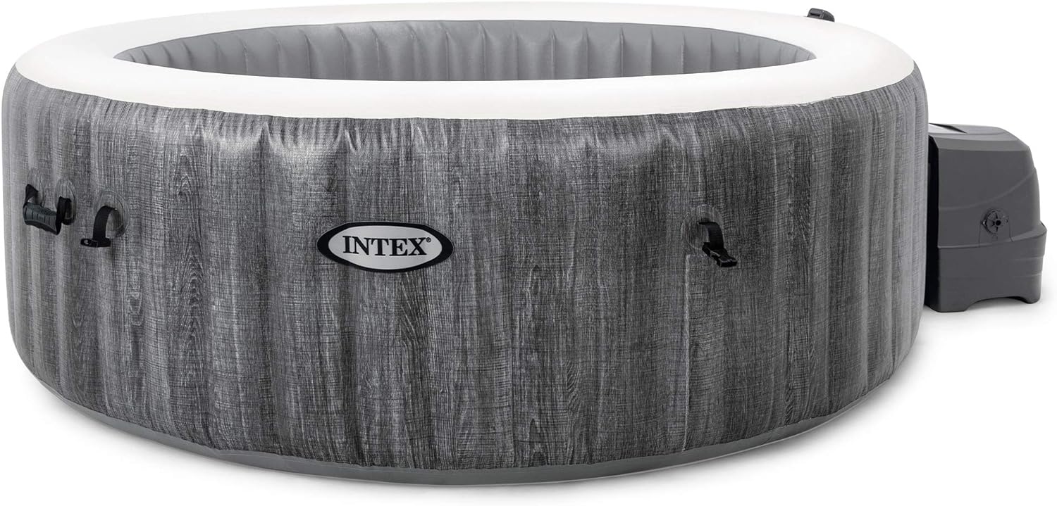 Intex PureSpa Greywood Deluxe 85" x 25" Outdoor Portable Inflatable 6 Person Round Hot Tub Spa with Bubble Jets, Hardwater Treatment, Filter and Cover
