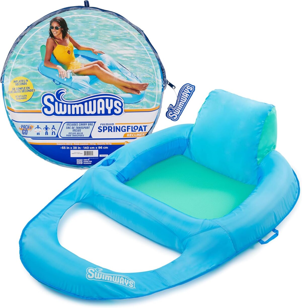 SwimWays Spring Float Premium Recliner Pool Lounger with Hyper-Flate Valve, Inflatable Pool Float, Blue