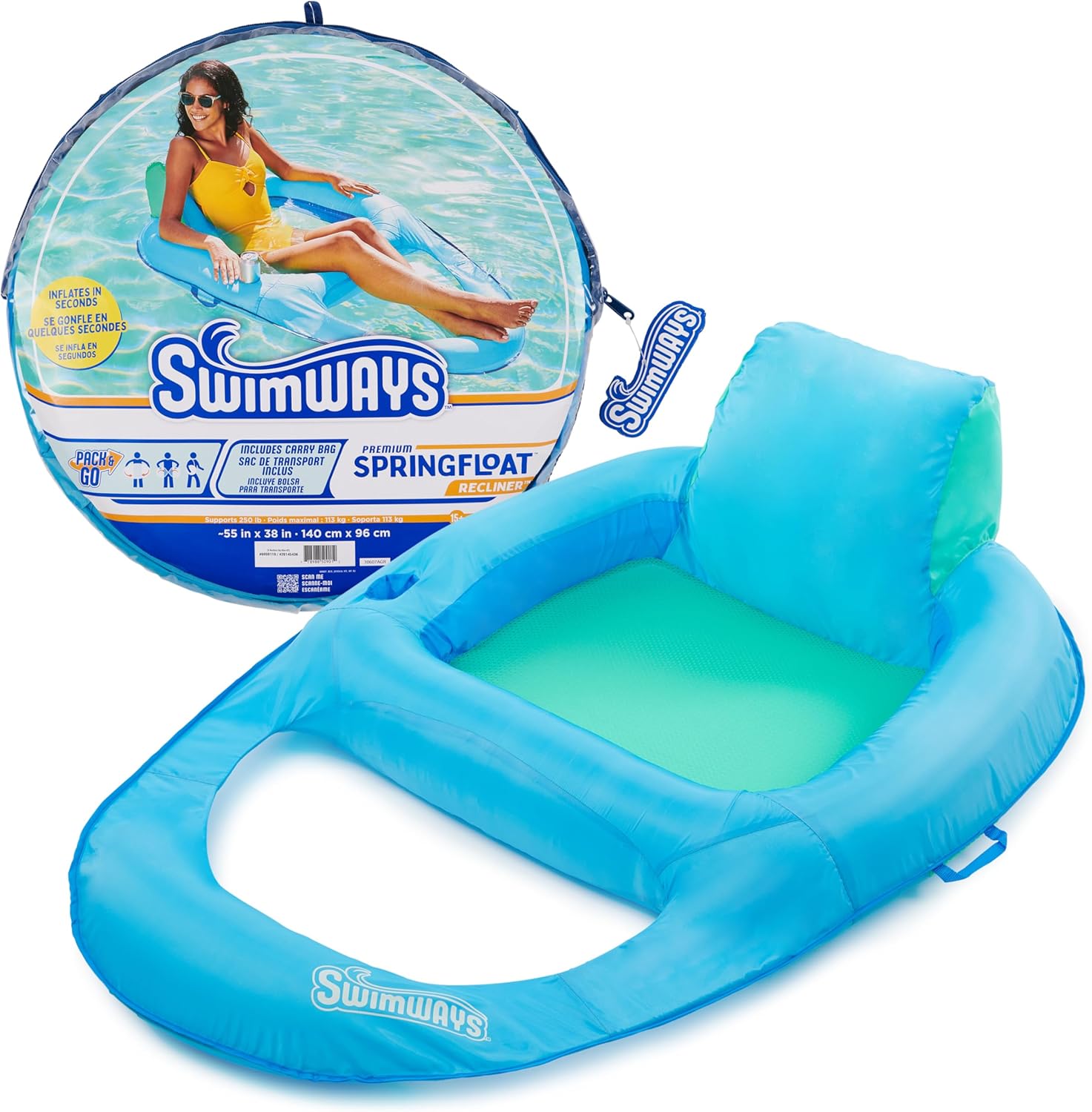 SwimWays Spring Float Premium Recliner Pool Lounger with Hyper-Flate Valve, Inflatable Pool Float, Blue