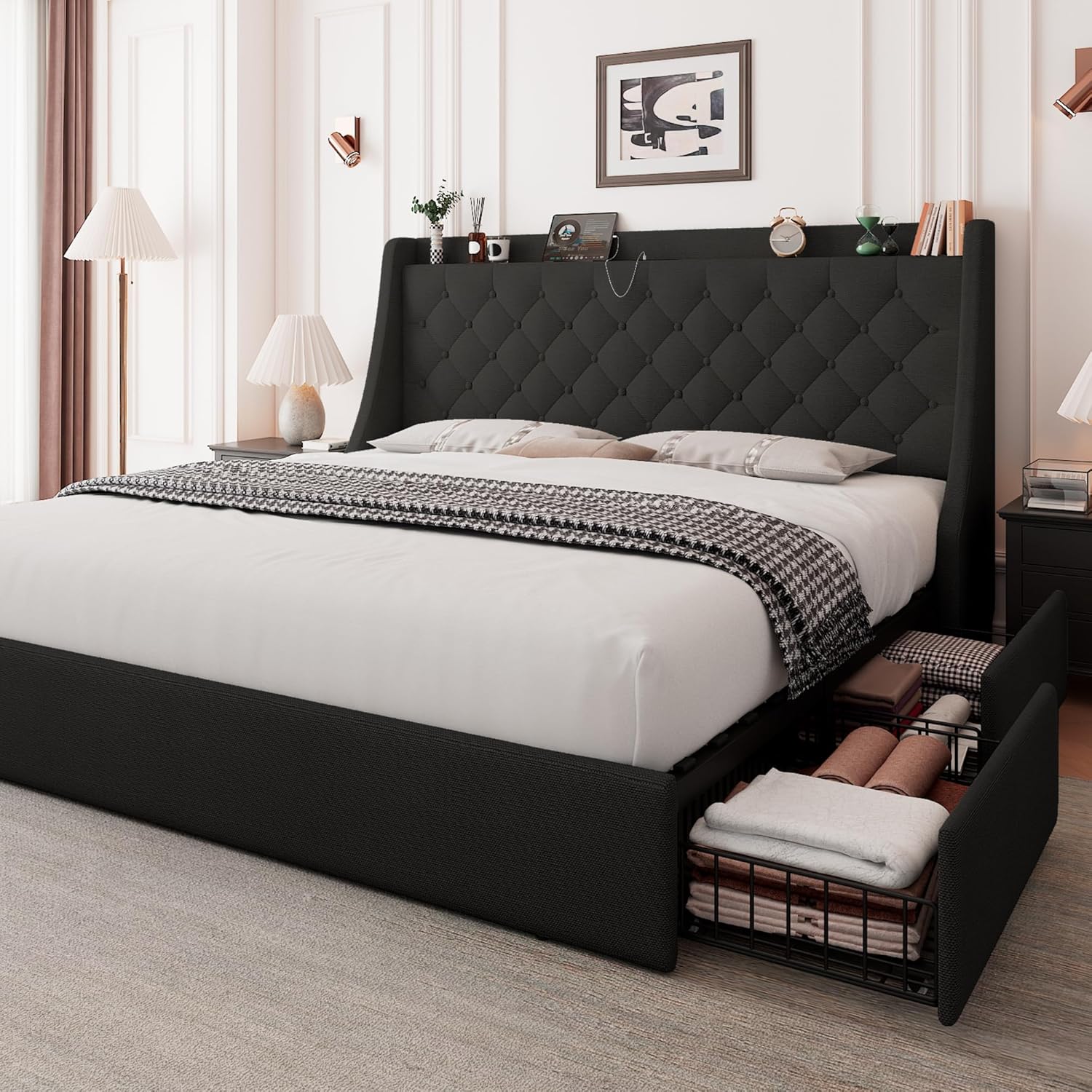 Feonase Upholstered King Size Bed Frame with 4 Storage Drawers, Storage Bed with Charging Station, Large Wingback Storage Headboard, No Box Spring Needed, Black