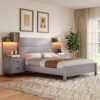 Queen Bed Frame with 2 Nightstands & LED Lights Headboard,104" Extended Wood Panel Platform Bed/w Charging Station & 2 Storage Racks, Bedroom Set 3 Piece, No Box Spring Needed, Grey - Image 8