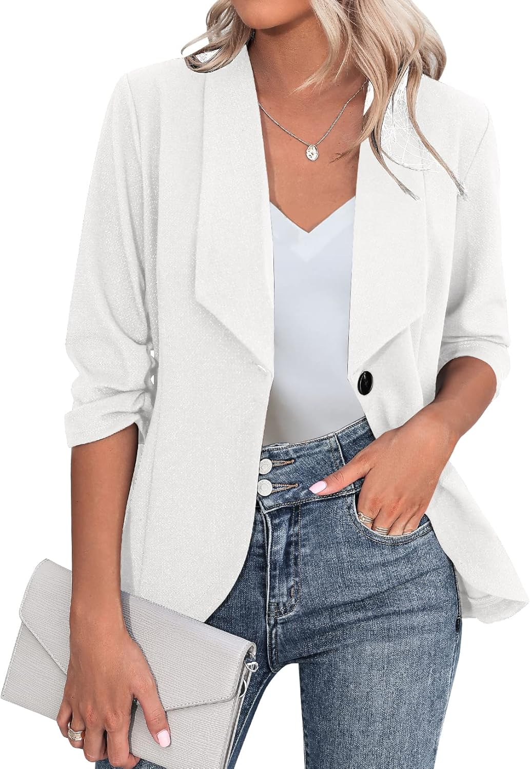 Beyove Women's 3/4 Stretchy Ruched Sleeve Open Front Lightweight Work Office Blazer Jackets (S-3XL)