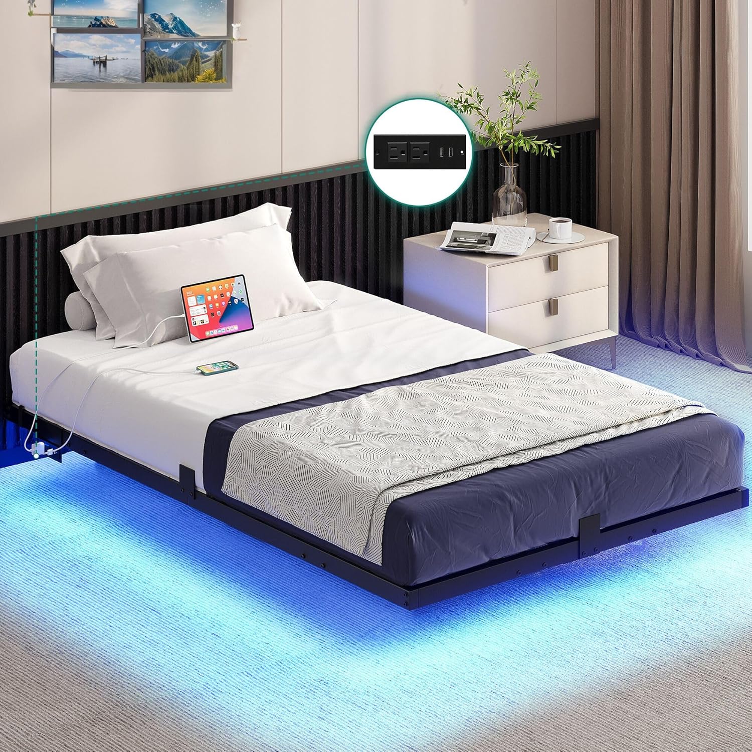 DWVO Twin Size Bed Frame, Floating Bed Frame with Charging Station, Platform LED Bed with Heavy Duty Steel Slats Support, Easy Installation, No Box Spring Required (Black)