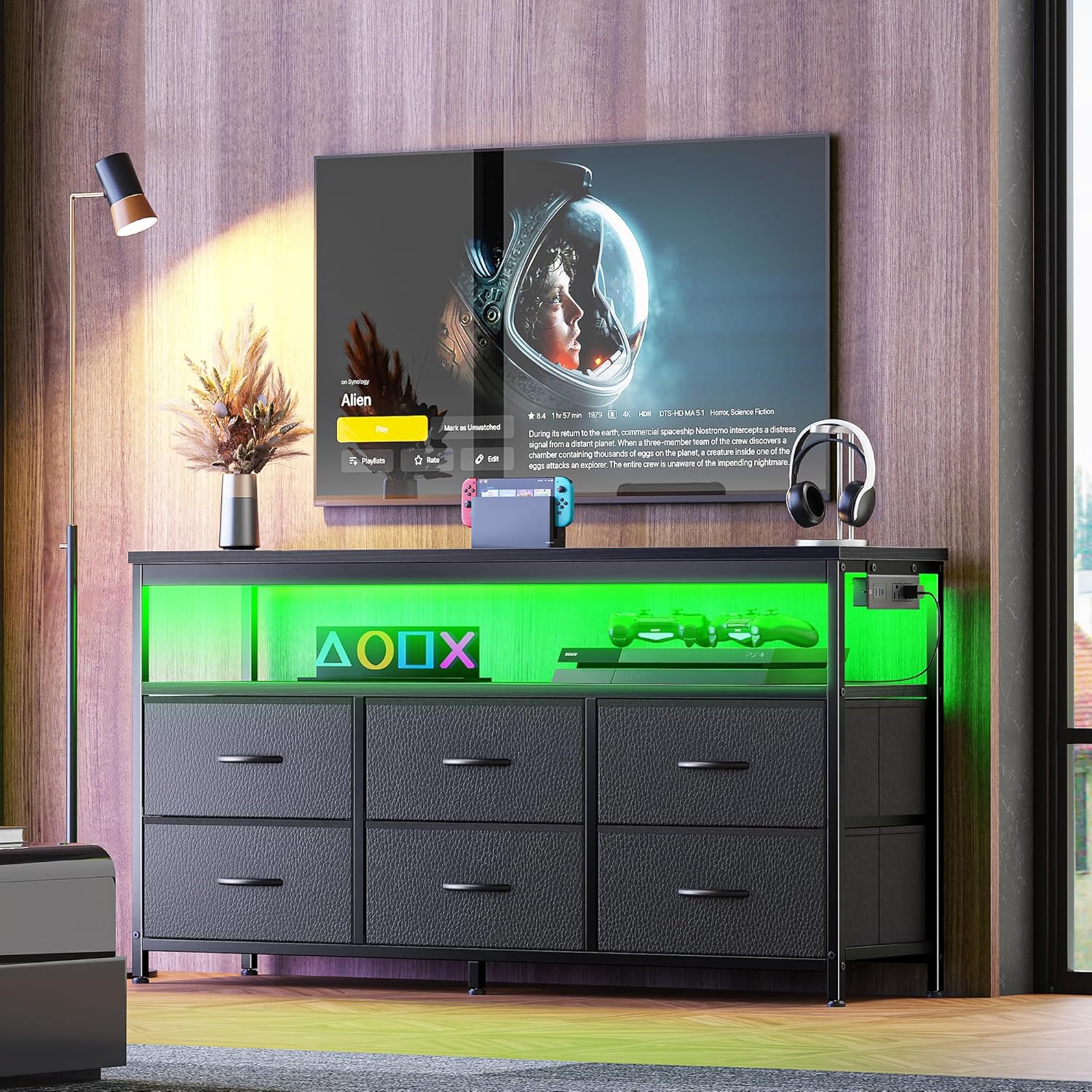 Huuger LED TV Stand for Bedroom, 47 Inch Dresser with Power Outlets, Entertainment Center for 55, 50, 43 Inch TV, 6 Drawer Dresser for Bedroom, Chest of Drawers with Open Shlef, PU Leather, Black