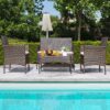 Greesum Patio Furniture 4 Pieces Conversation Sets Outdoor Wicker Rattan Chairs Garden Backyard Balcony Porch Poolside loveseat with Soft Cushion and Glass Table, Brown and Beige - Image 3
