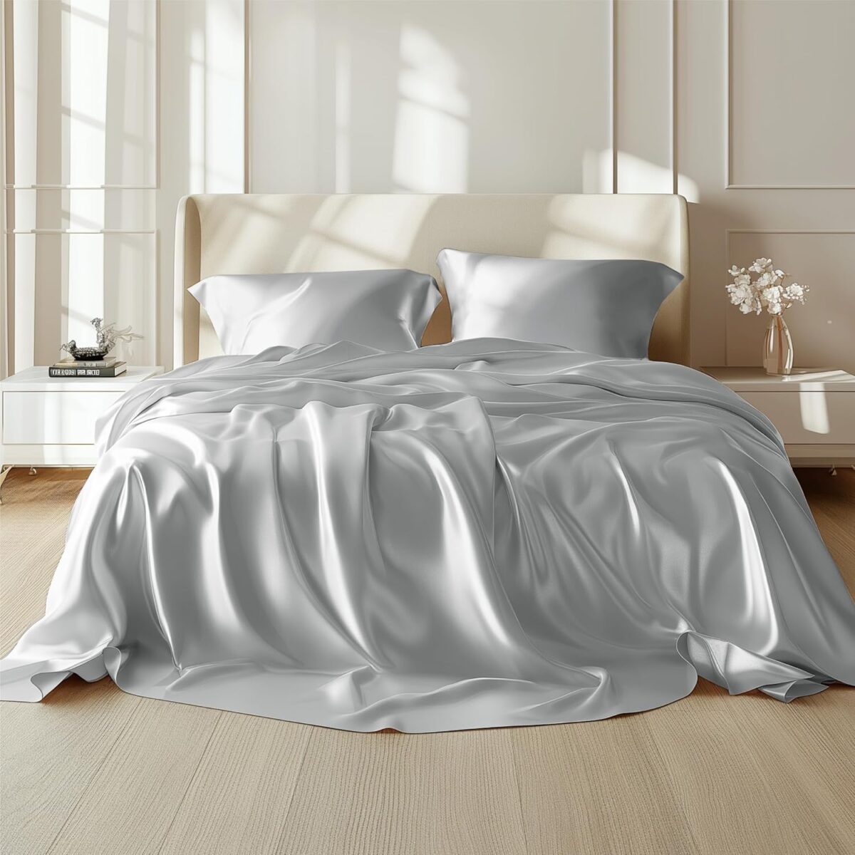 Bedsure Satin Sheets Queen Size - Similar to Silk Sheets, Silky Bedsheet, Luxury & Ultra Soft, Non-Fading & Wrinkle Free, Good for Hair & Skin, Gifts for Women, 4 Pieces, Silver Grey