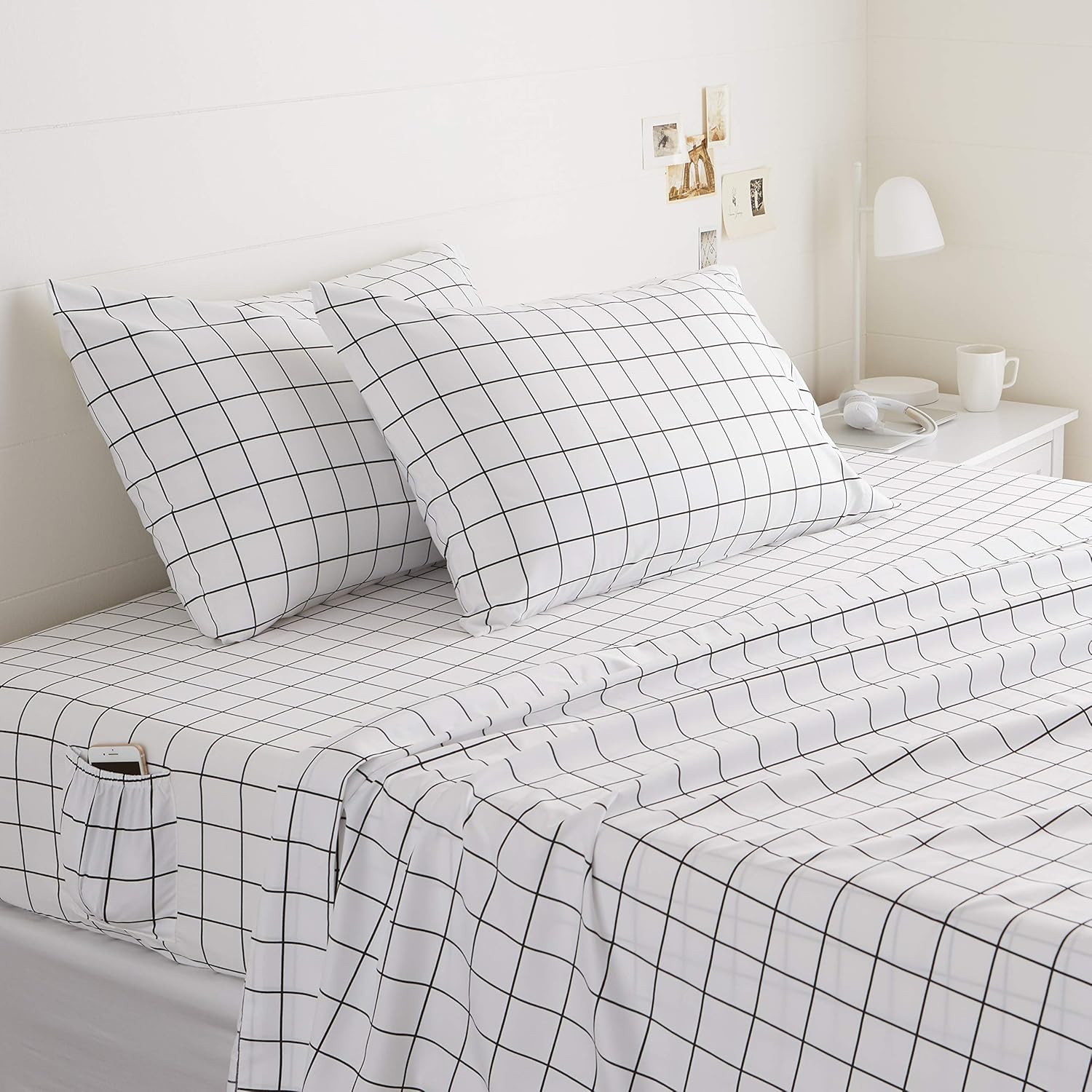 Amazon Basics Soft Microfiber 4-Piece Bed Sheet Set with Elastic Side Pockets, Full, Black Grid, Geometric