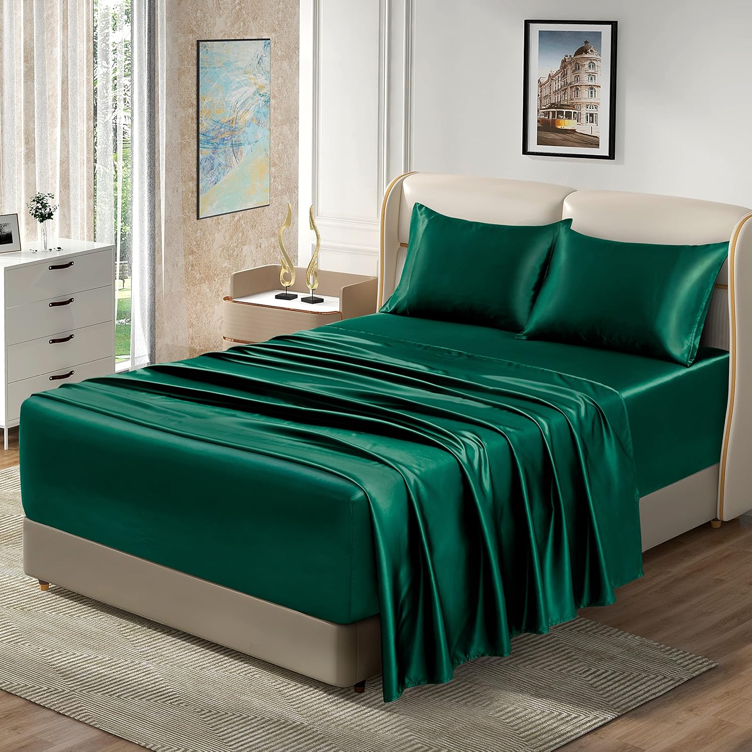 Homiest 4pcs Extra Deep Pocket Satin Sheets Queen Size Bed Set, 18-24 Inch Deep Pocket Bed Sheets Blackish Green Satin Sheet Set, Silky Satin Bedding Set Soft Fitted Sheet Set Fits Ultra Deep Mattress