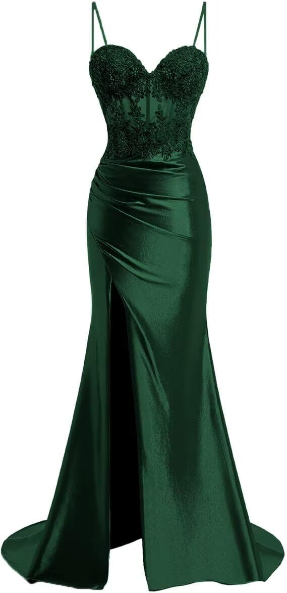 Women's Lace Appliques Prom Dresses Mermaid 2025 Spaghetti Strap Satin Formal Evening Party Gown with Split