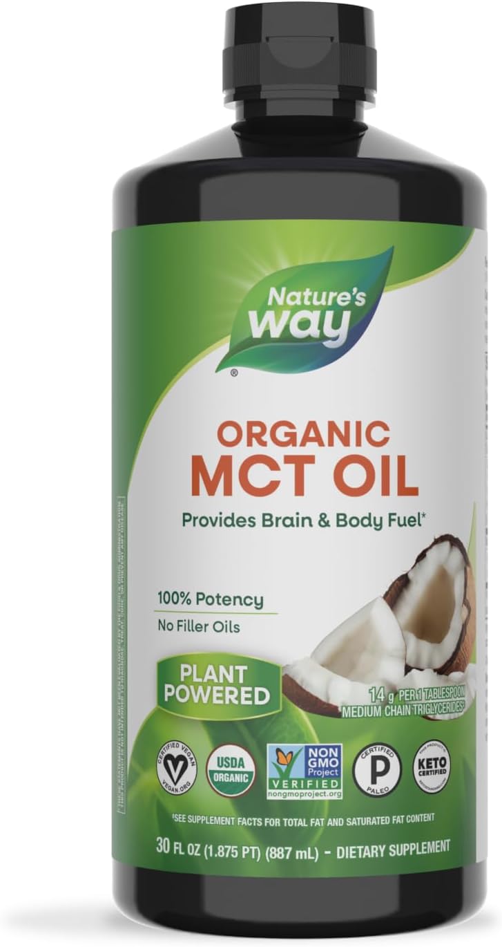Nature's Way Organic MCT Oil, 30 Fl Oz, Brain and Body Fuel from Coconuts*, C8 Caprylic Acid and C10 Capric Acid, Keto and Paleo Certified, Organic, Non-GMO Project Verified (Packaging May Vary)