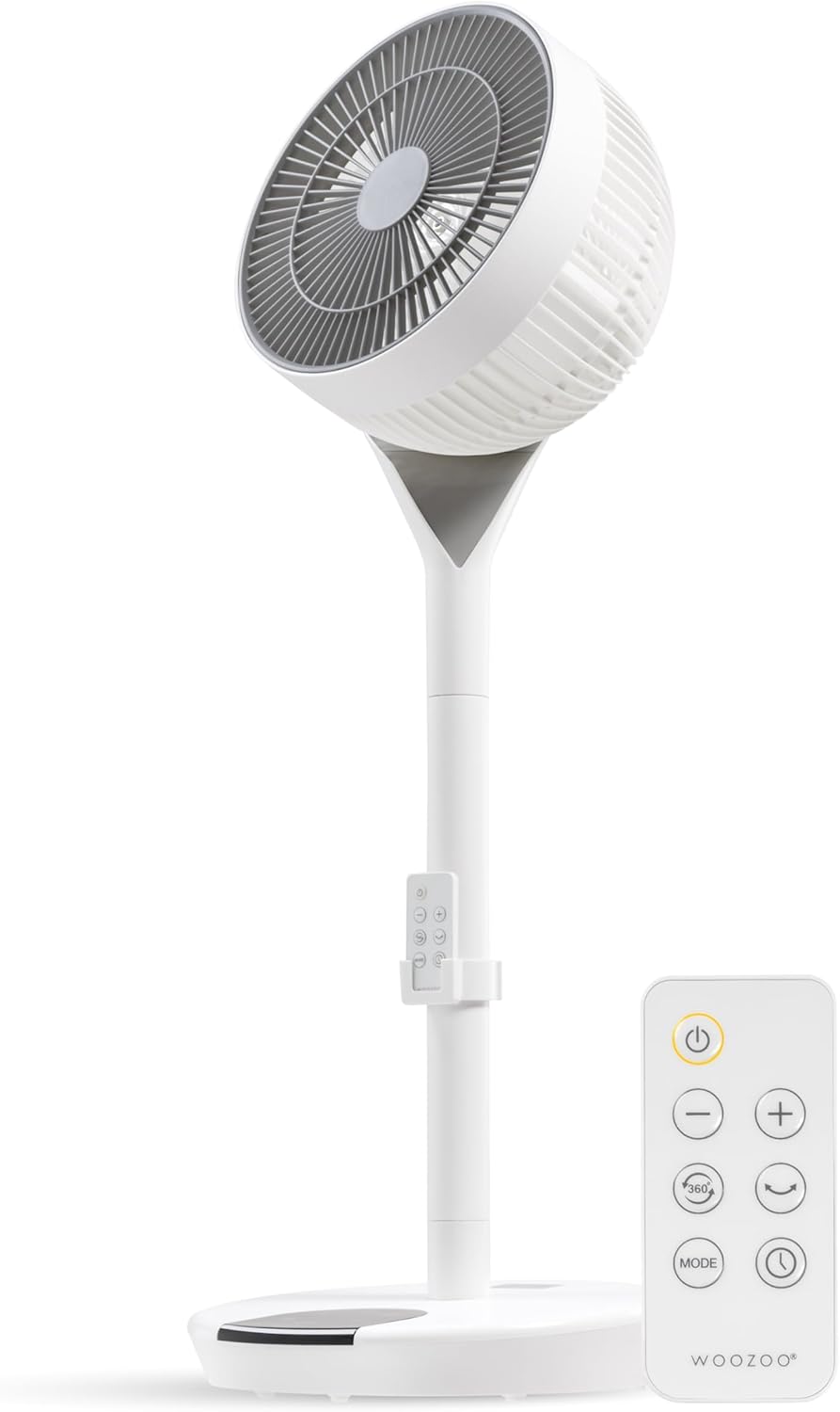 IRIS USA WOOZOO, Pedestal Standing Fan with Remote, 360 Oscillating, 12 Speeds, Low Noise DC Motor, 8h Timer, Touch Panel, Height Adjustable, White/Gray