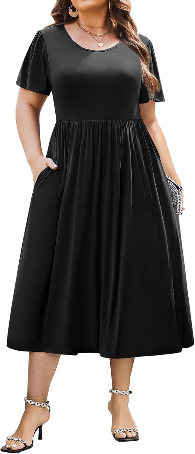 IN'VOLAND Women Plus Size Short Sleeve Dress Loose Summer Casual A-Line Flowy Midi Dresses with Pockets
