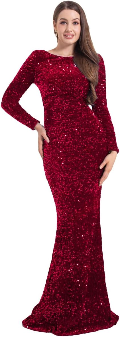 Velvet Stretch Sequin Formal Dress Long Sleeve O Neck Maxi Dress