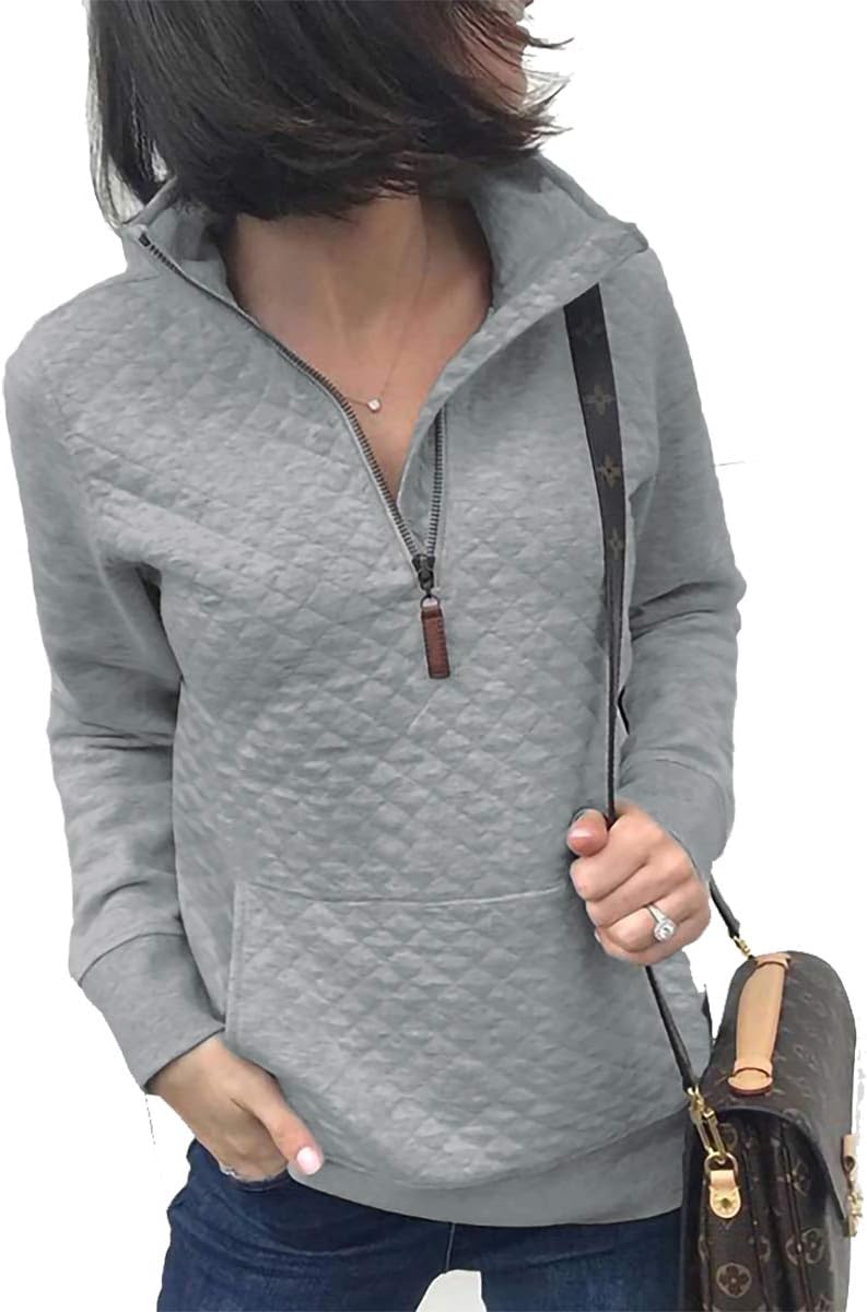 Women's Fashion Quilted Pattern Long Sleeve Casual Zipper Sweatshirt Solid Color Pullover Shirt Top.JNINTH