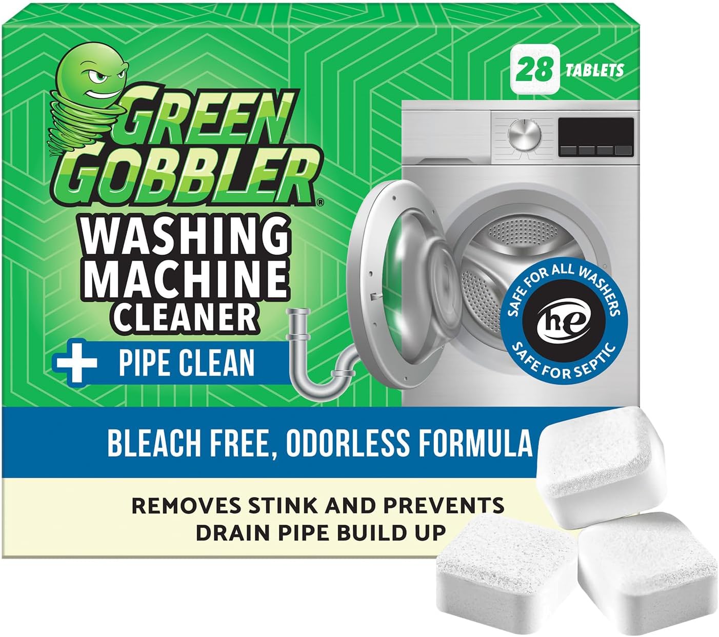 Green Gobbler Washing Machine Cleaner Tablets with Pipe Clean Technology Deodorizer | Front & Top Load Washer | 28 Count