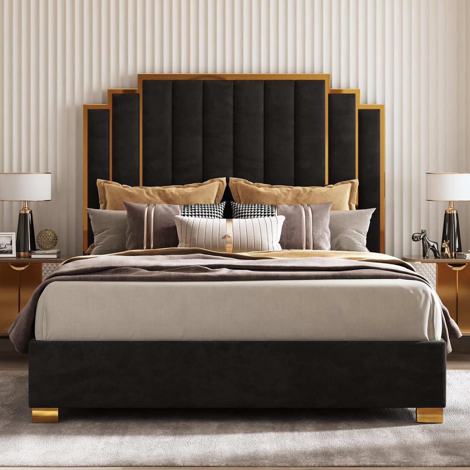 AMERLIFE King Size Upholstered Bed, Modern Velvet Bed Frame with 65.4” Tall Gold Trim Headboard, No Box Spring Needed, Black