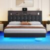 YITAHOME Queen Floating Bed Frame with Charging Station,LED Bed Frame with RGB Lighting and Headboard Storage,PU Upholstered Platform Bed Frame,Box Spring Not Required，Black - Image 6