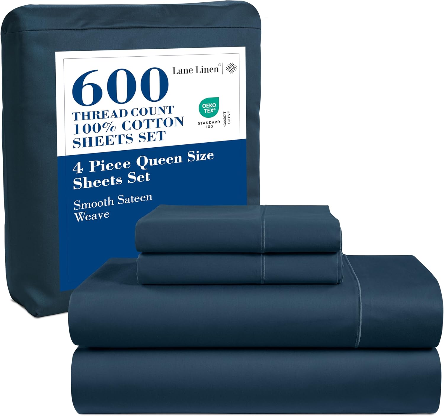 600 TC Queen Size Sheets Set - 100% Cotton Sheets Queen Size, Ultra Soft Fully Elasticized, Mercerized Cotton, Sateen Weave Soft & Comfy, Luxury Hotel Style Thick Sheets Queen Size - Dark Denim