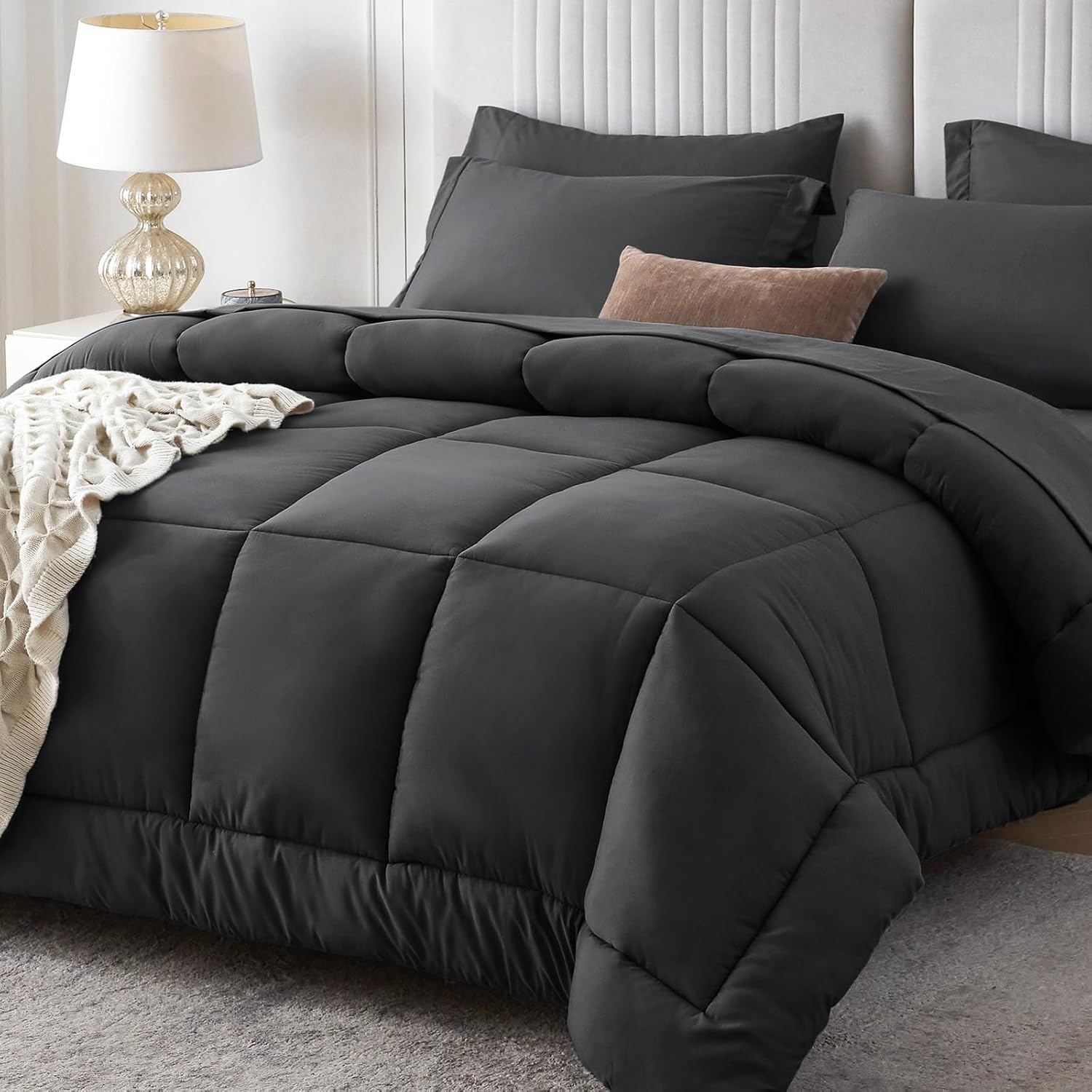 Sasttie Queen Comforter Set, 7 Pieces Bed in a Bag Queen, Complete Bedding Set Includes Grey Comforter, Flat Sheet, Fitted Sheet, Pillowcases and Pillow Shams, Dark Grey