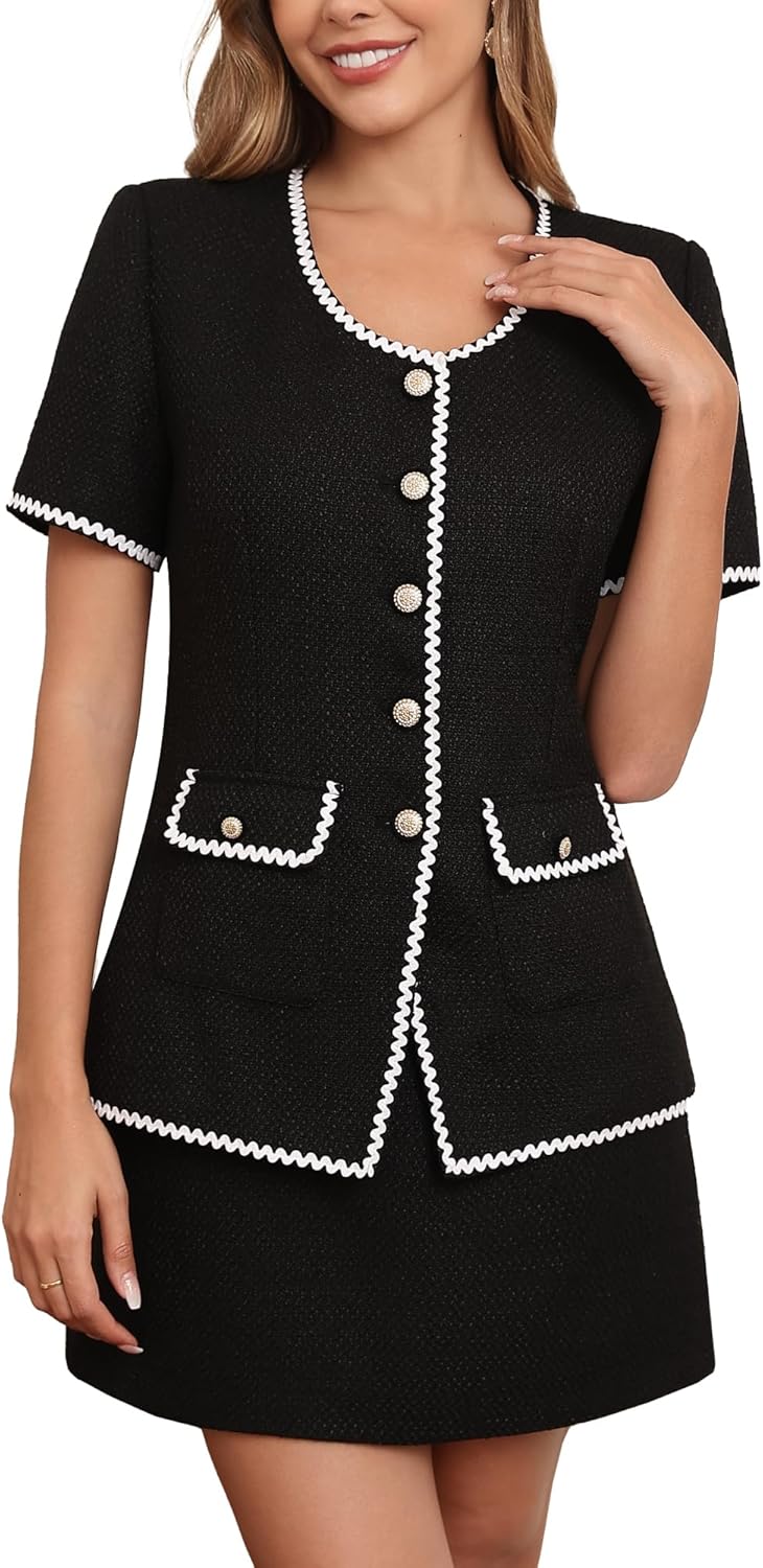 M.Infisavo Tweed Blazer Jackets for Women 2025 Spring Summer Elegant Short Sleeves Button Office Outfit with Braid Trim