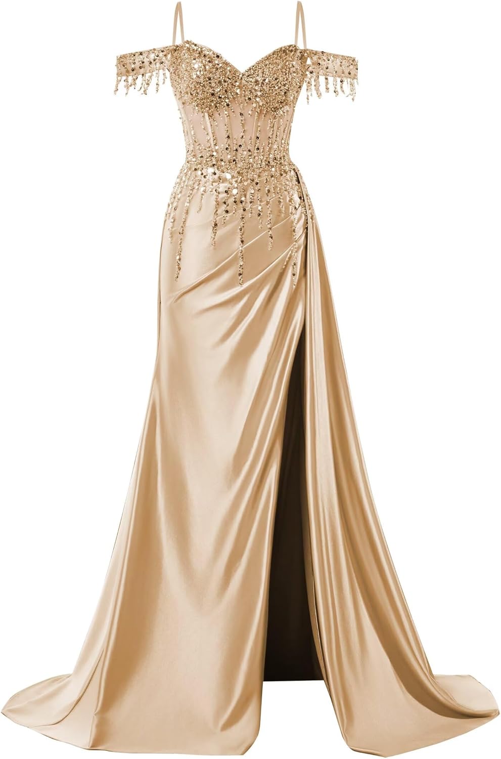 Off Shoulder Sequin Prom Dresses Long 2025 Satin Mermaid Formal Dresses Spaghetti Strap Evening Party Dress with Slit