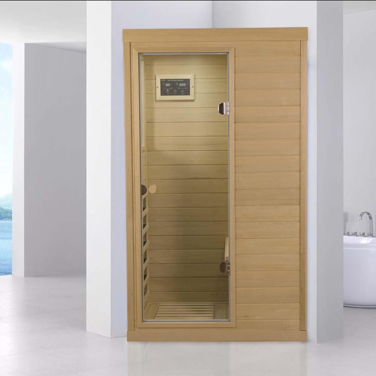 Infrared Sauna Home Sauna Box 1 Person Far Infrared Indoor Sauna Hemlock Mini Single Person Sauna for Home with LCD Display & Bluetooth on The Left of The Indoor Sauna Room, Natural