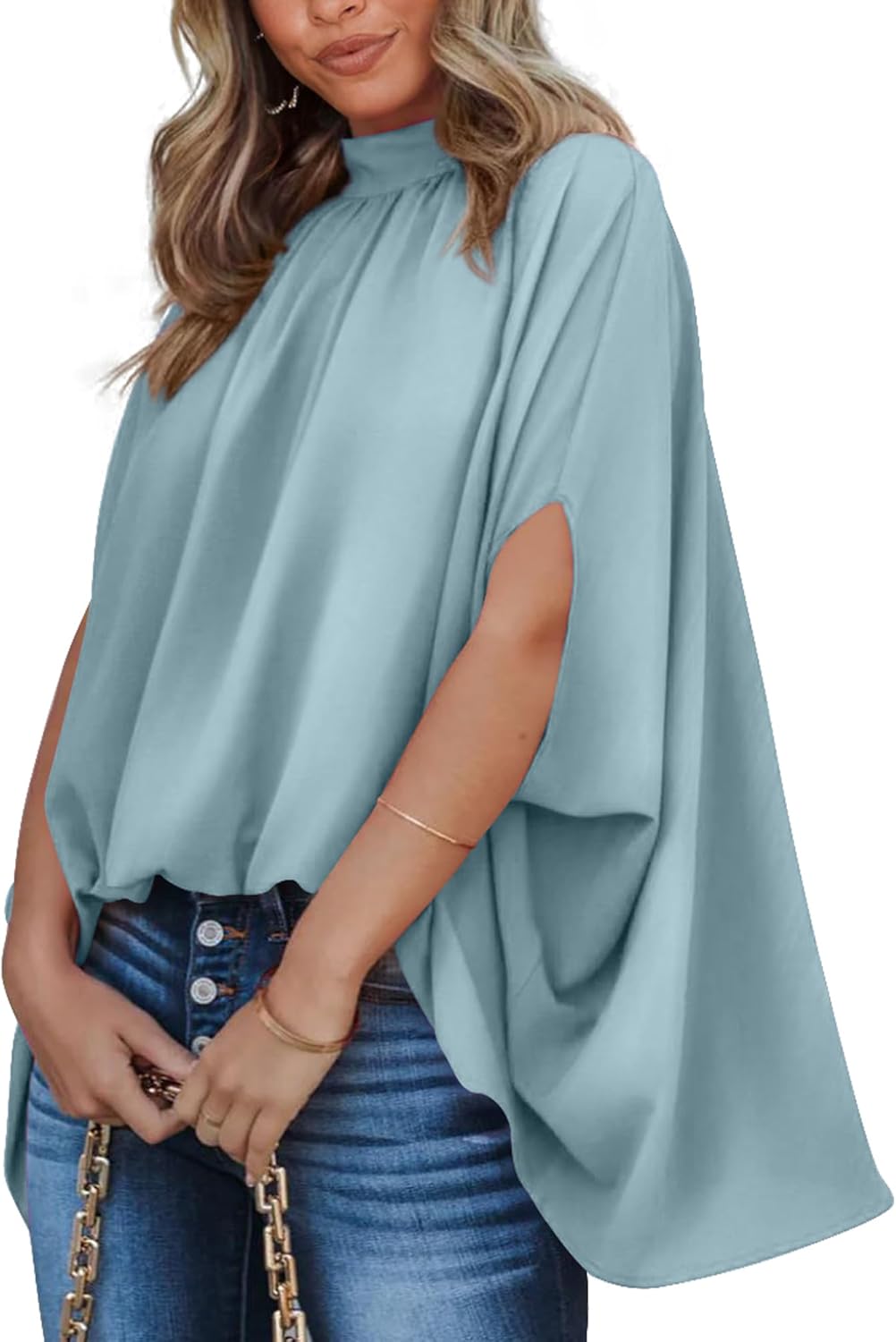 BTFBM Women Mock Neck Summer Tops 2025 Spring Batwing Short Sleeve Loose High Low Hem Casual Oversized Blouses Shirts
