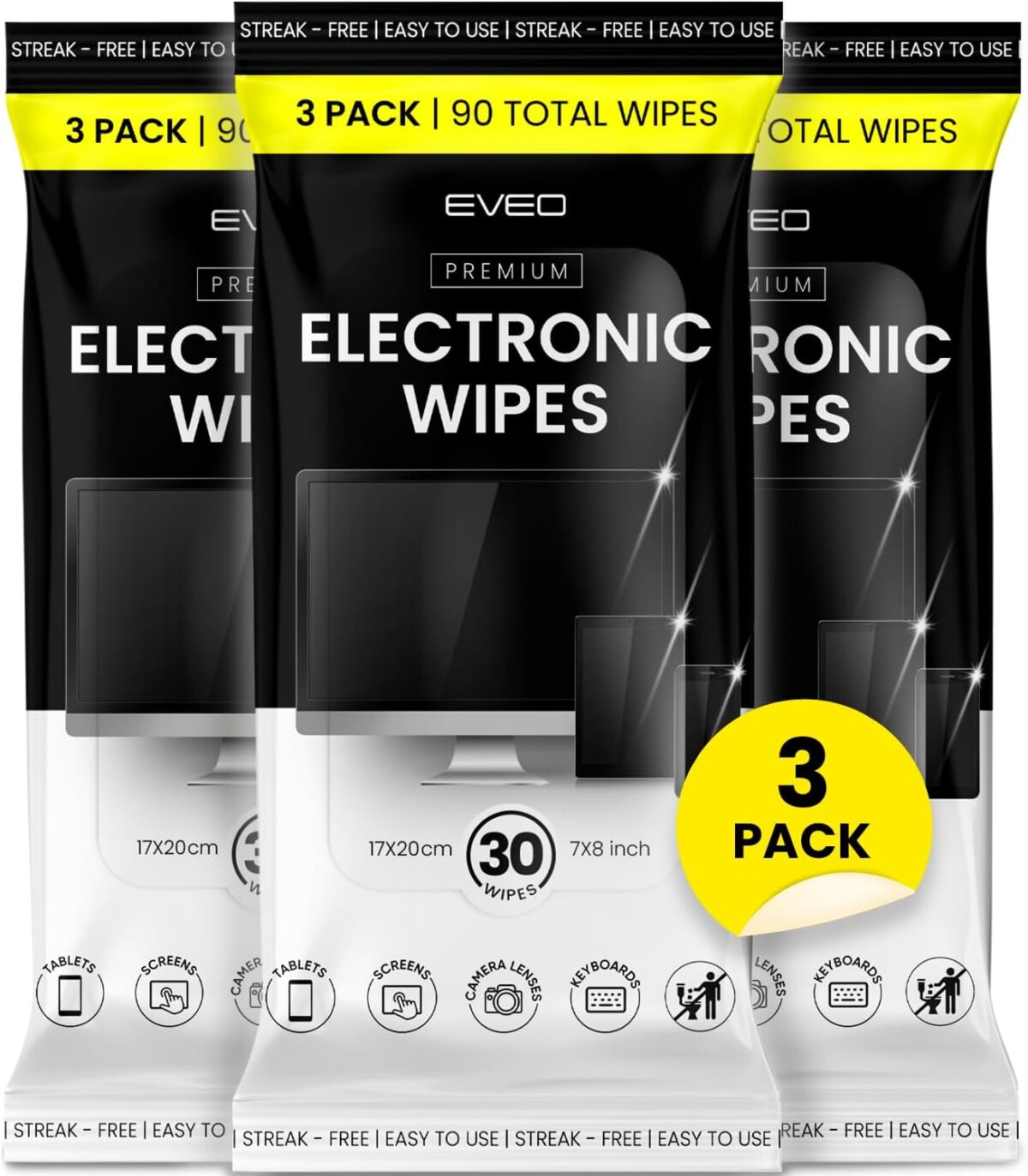 EVEO Electronic Wipes Screen Cleaner-TV Screen Cleaner Wipes, Computer Screen Cleaner, Laptop Screen Cleaner, ipad & Monitor Cleaner, TV Cleaner Screen Cleaning Wipes - [90 Wipes + Microfiber Cloth ]