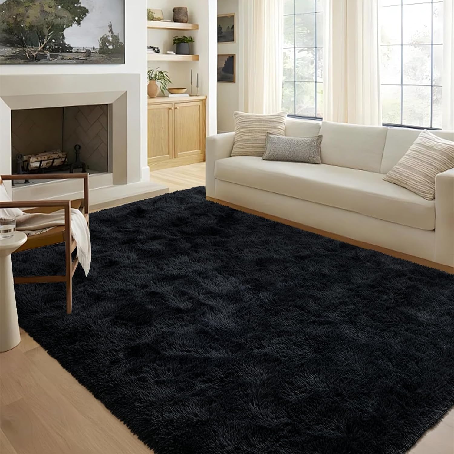 FinRèc 5x8 Ft Black Rugs for Living Room Bedroom,Soft Modern Indoor Fuzzy Shaggy Area Rug,Non-Slip Fluffy Furry Rug for Teen Girl and Boy,Nursery Kid Room Dorm Home Decor,High Pile Plush Floor Carpet