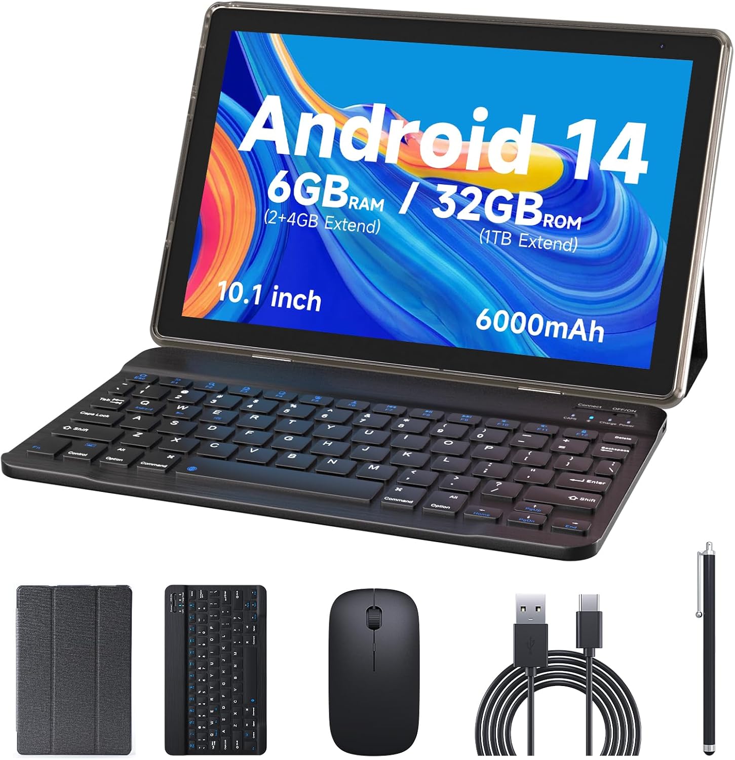 10 inch Android 14 Tablet, 6GB RAM 32GB ROM Powerful Quad-core CPU, 1280*800 Resolution Screen Tablet PC, 8MP Camera, 6000mAh Battery Computer, 2 in 1 Tablets with Keyboard, Case, Mouse, Stylus Laptop