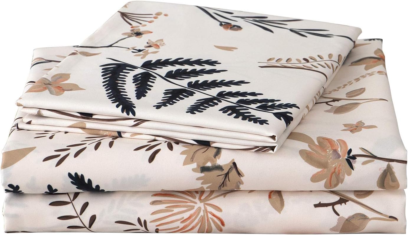 JSD Boho Floral Printed Sheet Set Queen Size 4 Piece, Soft Botanical Pattern Microfiber Sheets Extra Deep Pocket