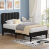 VECELO Twin Size Bed Frame with Upholstered Headboard, Velvet Platform Bedframe Mattress Foundation, Strong Wood Slat Support, No Box Spring Needed,Black - Image 2