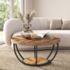 LITTLE TREE Round Coffee Table, 32" Circle Coffee Table for Living Room, 2-Tier Wood Accent Center Table with Open Storage Industrial Design Home Furniture (Wood Grain and Black) - Image 4