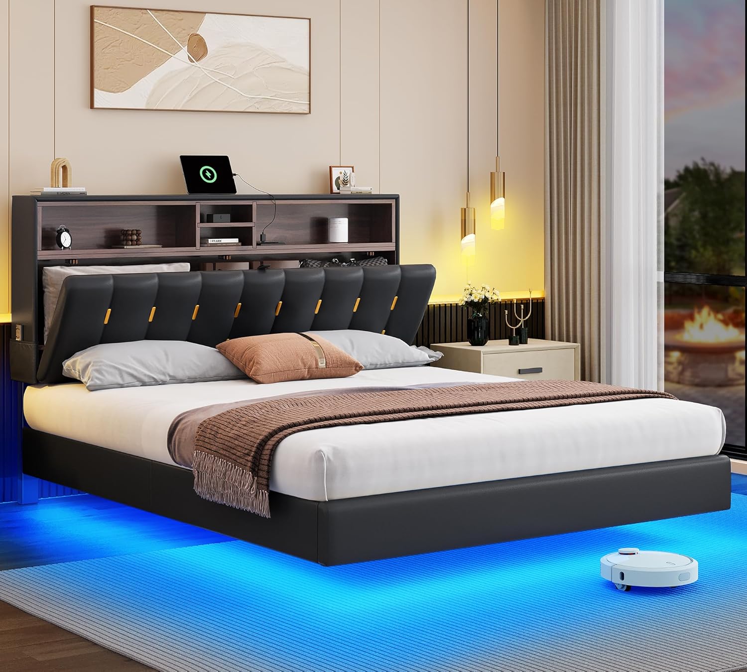 YITAHOME Queen Floating Bed Frame with Charging Station,LED Bed Frame with RGB Lighting and Headboard Storage,PU Upholstered Platform Bed Frame,Box Spring Not Required，Black