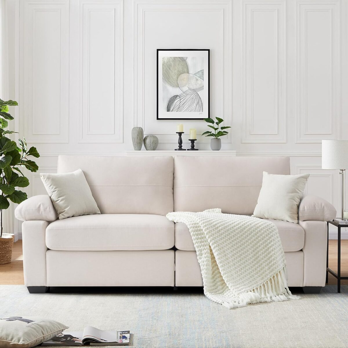 75" Couch for Living Room,3 Seater Sofa,Linen Fabric Deep Seat Couches with Upholstered Cushion and Storage Armrests for Small Space, Apartment(Beige)