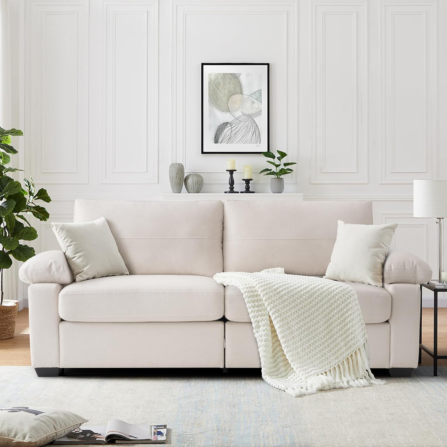 75" Couch for Living Room,3 Seater Sofa,Linen Fabric Deep Seat Couches with Upholstered Cushion and Storage Armrests for Small Space, Apartment(Beige)