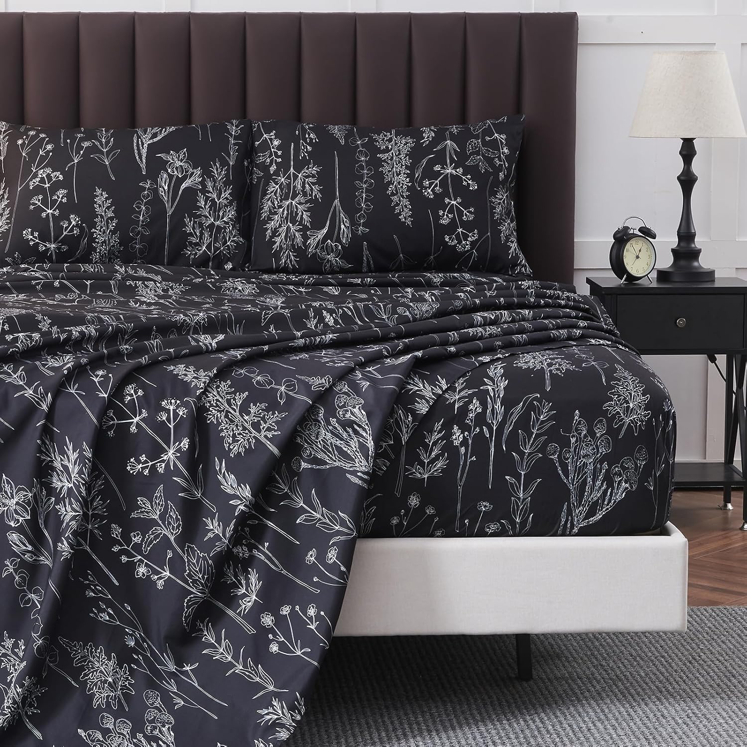 HYPREST Grey Black Sheets King,Deep Pocket Sheets, 1800 Thread Count Pattrn Bed Sheets Soft Breathable Cute Printed Boho Farmhouse Bed Sheets, Oeko-Tex Certificated- Up to 18 Inch