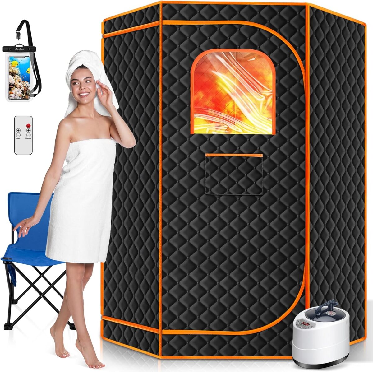 Portable Steam Sauna for Home, Portable Sauna Box Full Body for Home with 9 Adjustable Heat Levels, Steam Sauna with 3L 1500W Steamer, Folding Chair, 99 Minute Timer