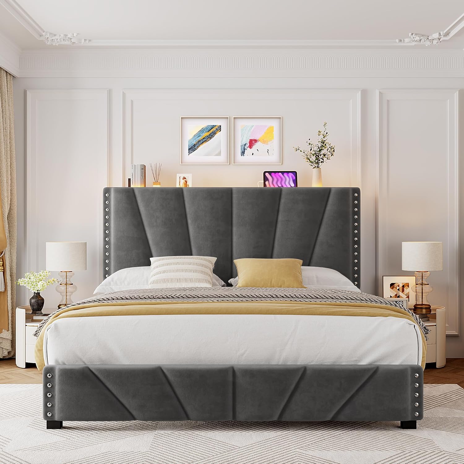 EnHomee Queen Size Bed Frame with Velvet Headboard and LED Lights, Storage Headboard Platform Bed with Charging Station, Sturdy Wooden Slats Support,Noise-Free,Easy Assembly, Dark Gray