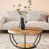LITTLE TREE Round Coffee Table, 32" Circle Coffee Table for Living Room, 2-Tier Wood Accent Center Table with Open Storage Industrial Design Home Furniture (Wood Grain and Black) - Image 8