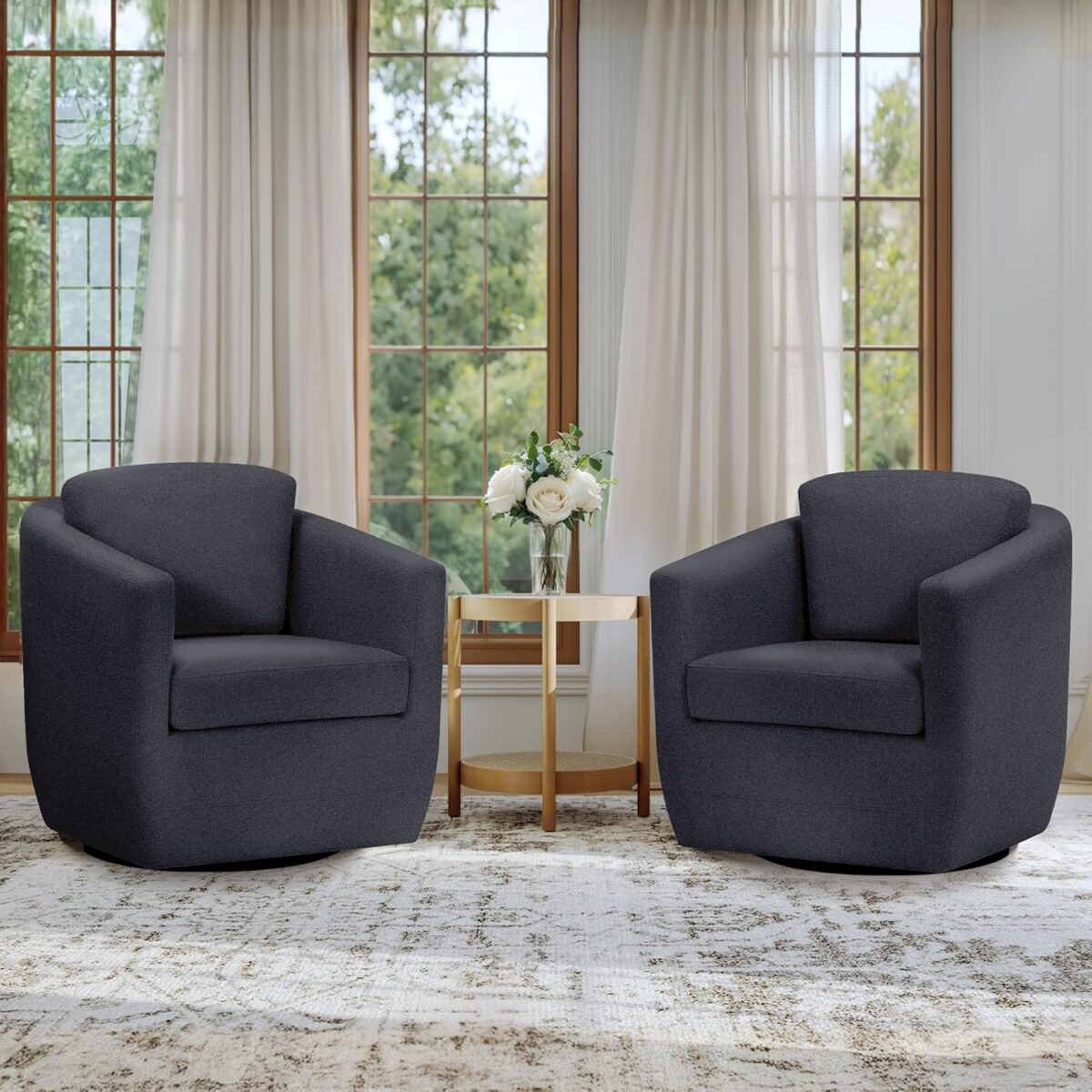 COLAMY Swivel Accent Chair, Round Upholstered Swivel Barrel Armchair Metal Base Fabric Chair Modern No Assembly Sofa Chair for Living Room Bedroom Reading Apartment Nursery,Dark Gray(2pc)