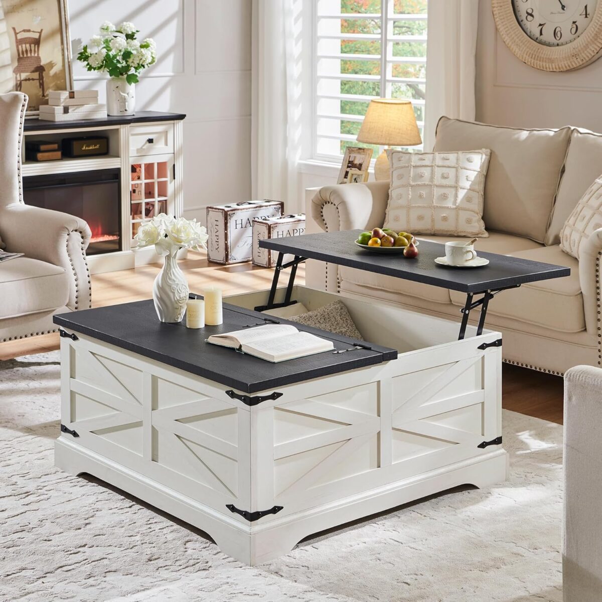 JXQTLINGMU Farmhouse Lift Top Coffee Table with Storage, 36" Wood Square Center Table with Large Hidden Compartment, Rustic Lift Tabletop Dining Table for Home Living Room, White