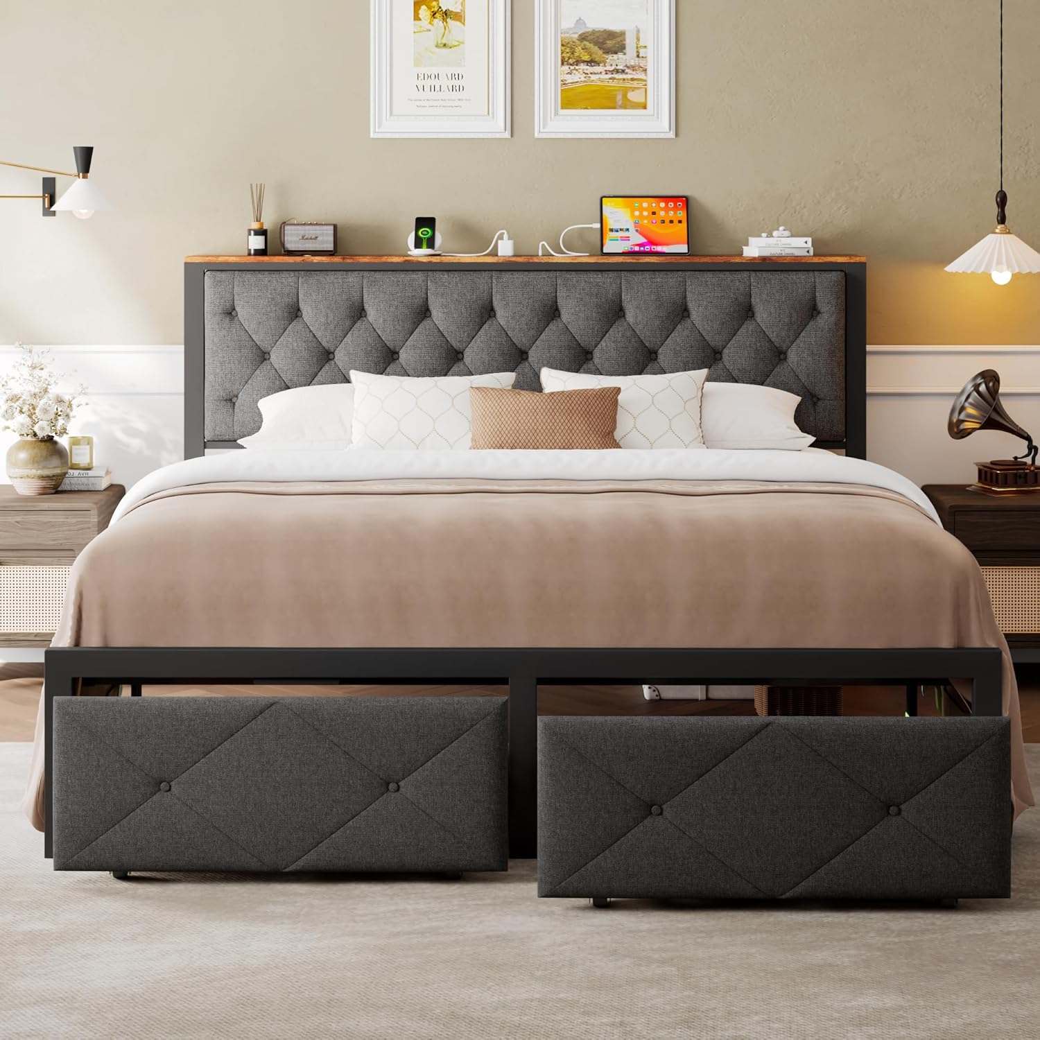 King Size Bed Frame with 2 Storage Drawers, Metal Platform Bed with Charging Station, Upholstered Button Tufted Storage Headboard, No Box Spring Needed, Noise-Free, Easy Assembly, Grey