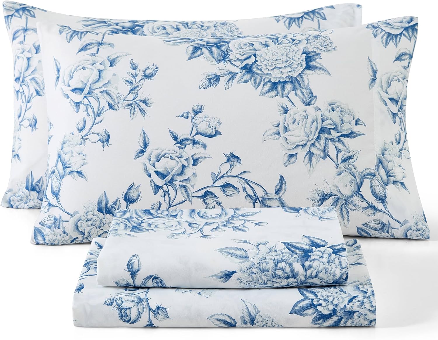 HLC.ME Rose Toile Floral Bed Sheets - 4 Piece Bed Sheet Set - Wrinkle Resistant & Ultra Soft - Fits Mattresses up to 15 Inches Deep (Queen, Blue)