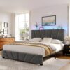 EnHomee Queen Size Bed Frame with Velvet Headboard and LED Lights, Storage Headboard Platform Bed with Charging Station, Sturdy Wooden Slats Support,Noise-Free,Easy Assembly, Dark Gray - Image 7