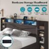 AMERLIFE King Size Lift Up Storage Bed Frame, 45.1" LED Bed Frame with 2 Side Shelves & Bookcase Headboard, Farmhouse Wood Platform Bed with Charging Station, No Box Spring Needed, Black - Image 7