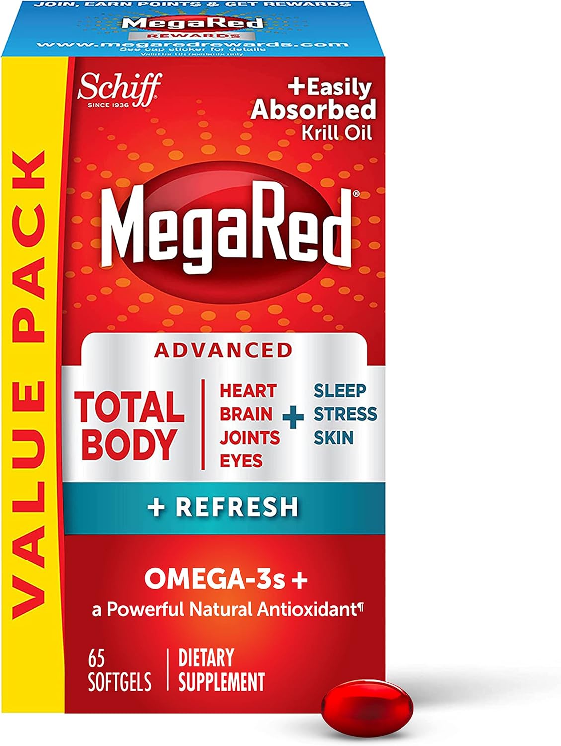Omega-3 Blend Total Body + Refresh 500mg Softgels, MegaRed (65 count in a bottle), Easily Absorbed Krill Oil, To Support Your Heart, Joints, Brain & Eyes