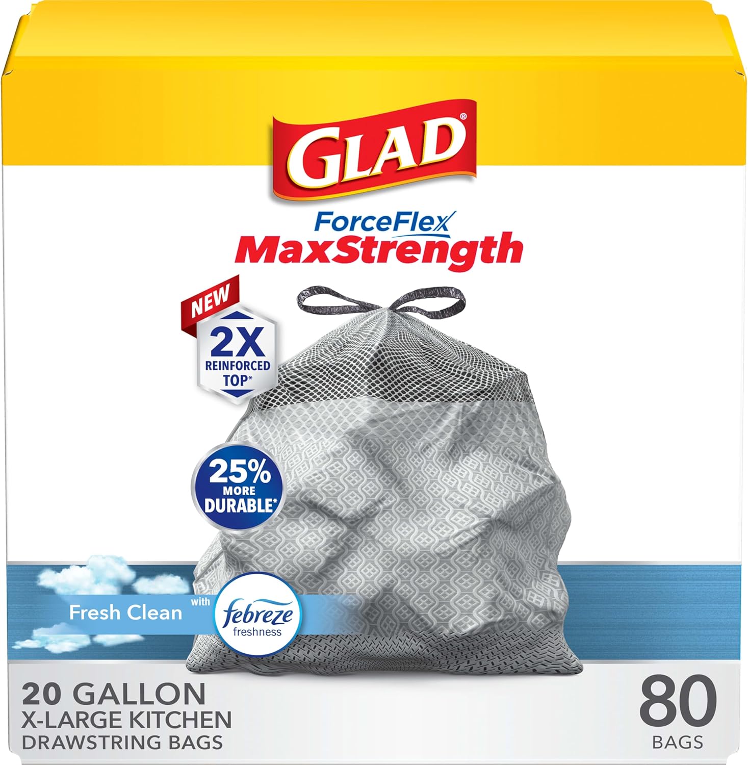 Glad ForceFlex MaxStrength XL Kitchen Trash Bags, 20 Gal, Fresh Clean, 80 Ct (Package May Vary)