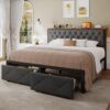 King Size Bed Frame with 2 Storage Drawers, Metal Platform Bed with Charging Station, Upholstered Button Tufted Storage Headboard, No Box Spring Needed, Noise-Free, Easy Assembly, Grey - Image 8